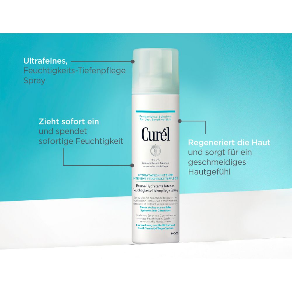 Weißes Spray mit hellblauem Deckel. Text: Ultrafeines Feuchtigkeitspflege Spray. Zieht sofort ein und spendet Feuchtigkeit. Regeneriert die Haut.