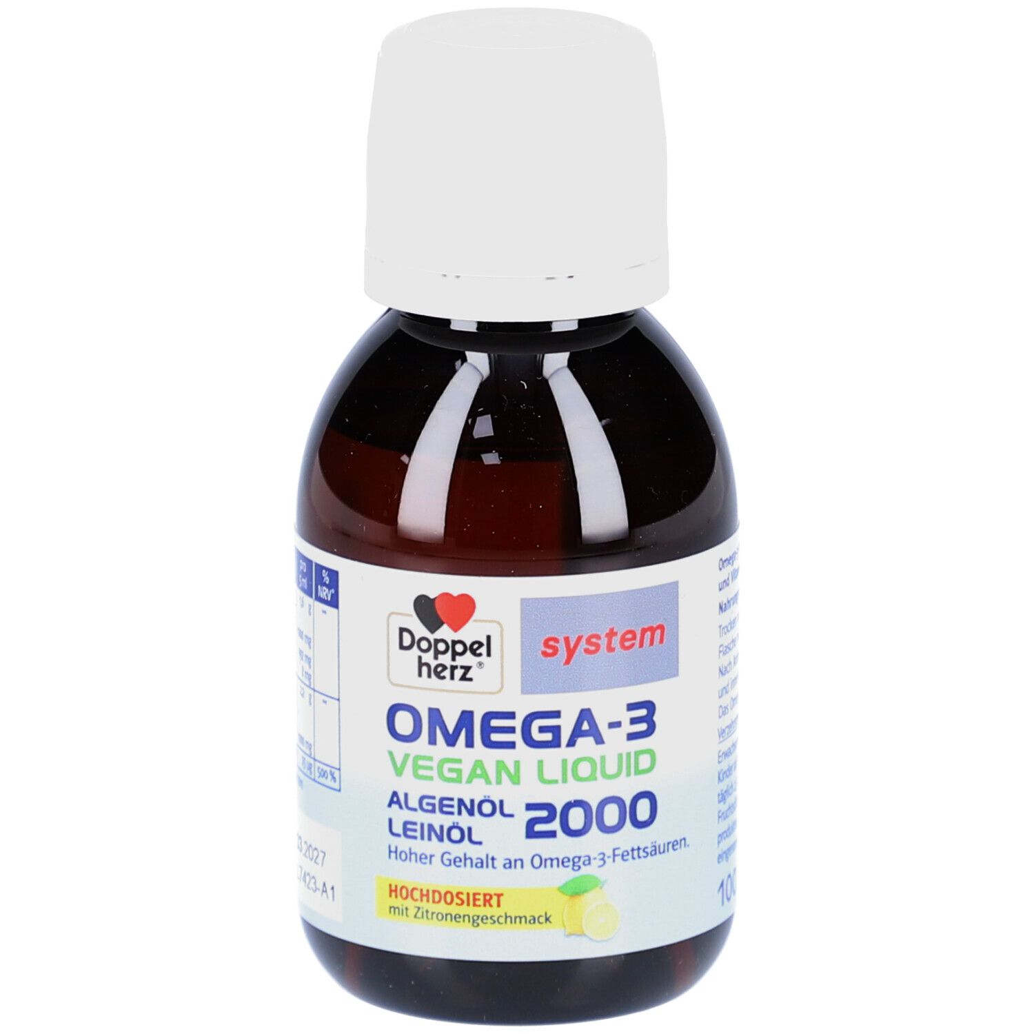 Braune Flasche mit weißem Deckel. Aufschrift: Doppelherz Omega-3 Vegan Liquid 2000. Mit Zitronengeschmack.