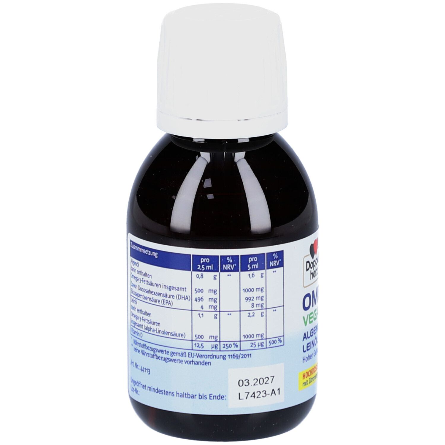 Braune Flasche mit weißem Deckel. Etikett mit Nährwertangaben. Aufschrift: Doppelherz Omega-3 Vegan Liquid 2000.
