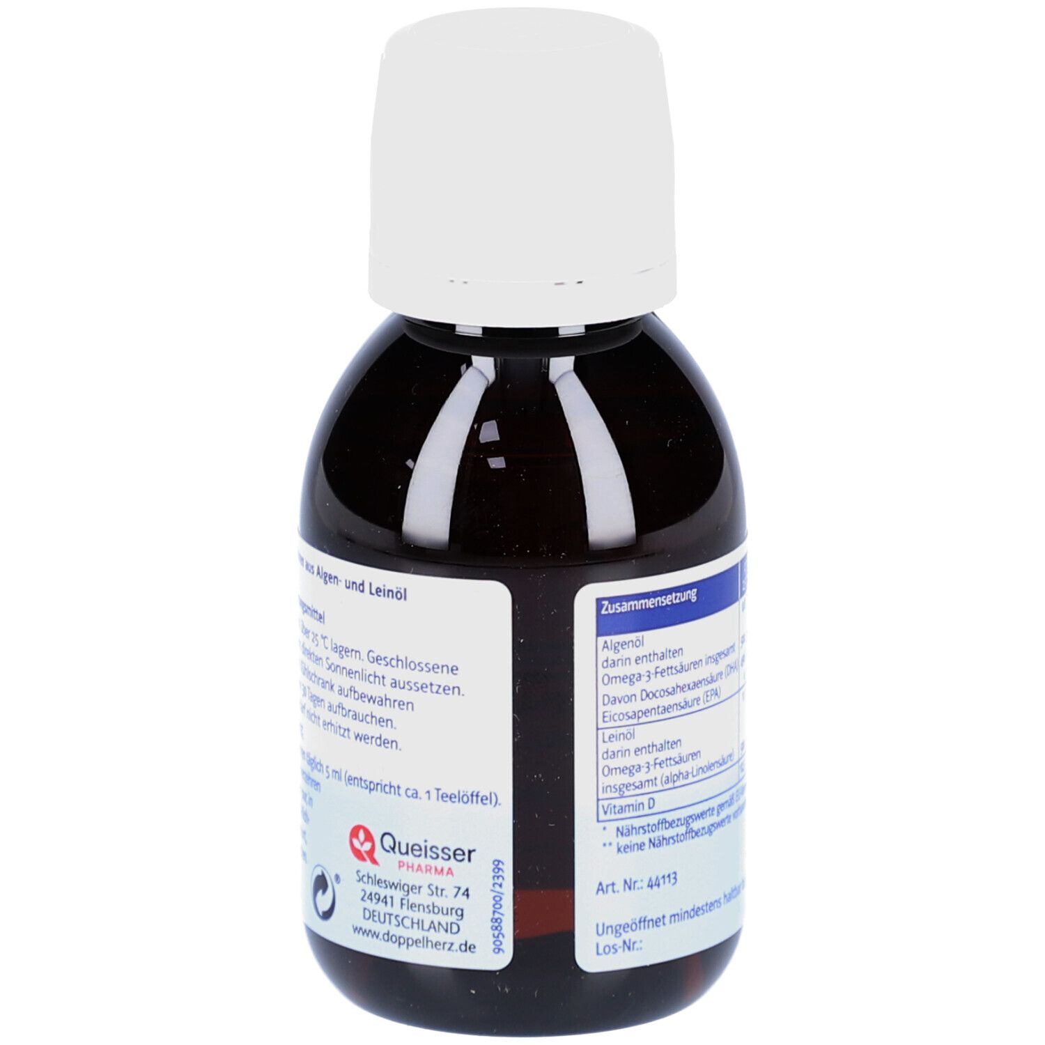 Braune Flasche mit weißem Deckel. Rückseite mit Informationen. Aufschrift: Doppelherz Omega-3 Vegan Liquid 2000.