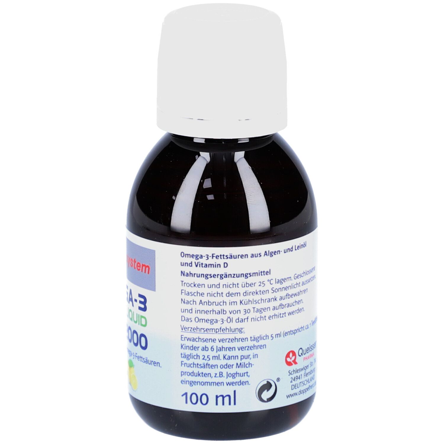 Braune Flasche mit weißem Deckel. Rückseite mit Informationen. Aufschrift: Doppelherz Omega-3 Vegan Liquid 2000. 100 ml.