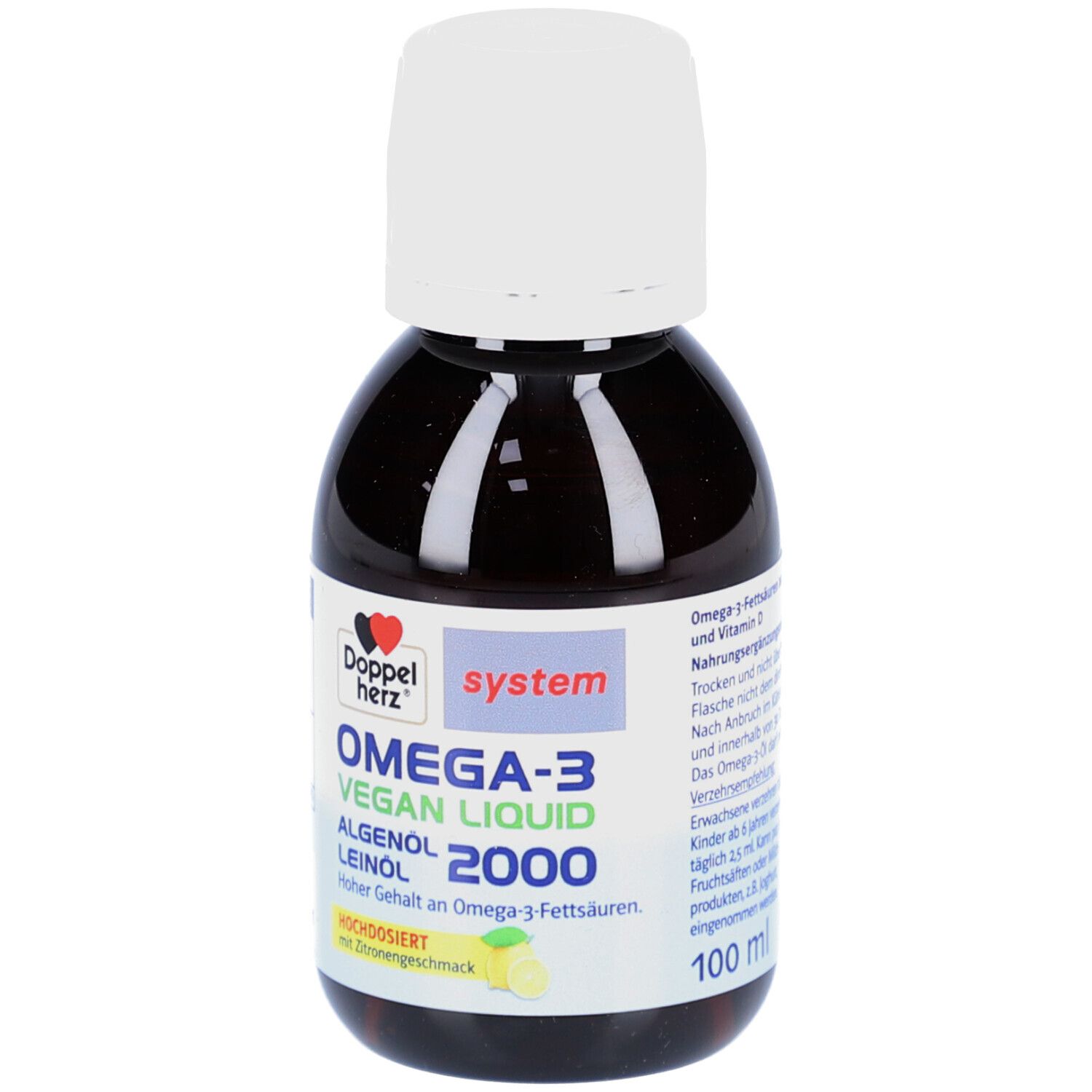Braune Flasche mit weißem Deckel. Aufschrift: Doppelherz Omega-3 Vegan Liquid 2000. Mit Zitronengeschmack. 100 ml.