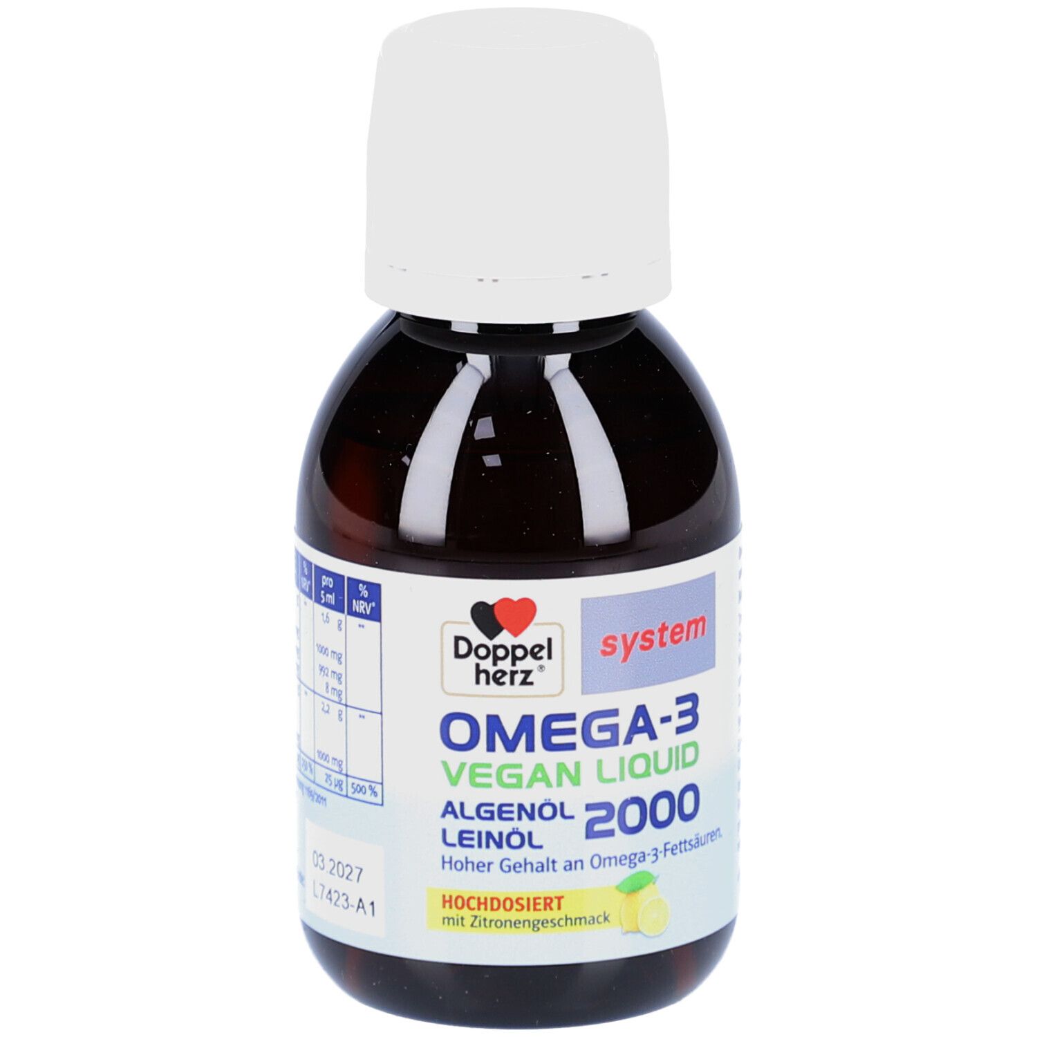 Braune Flasche mit weißem Deckel. Etikett mit Nährwertangaben. Aufschrift: Doppelherz Omega-3 Vegan Liquid 2000.