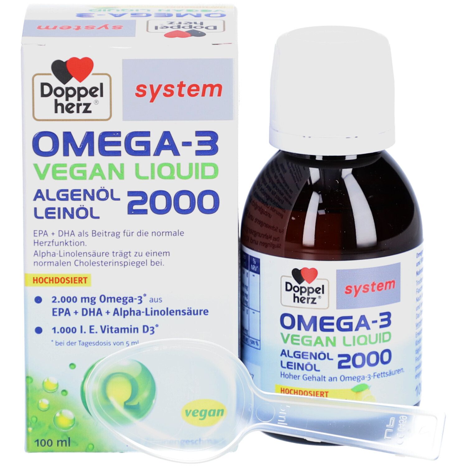 Produktverpackung und Flasche. Aufschrift: Doppelherz Omega-3 Vegan Liquid 2000. Mit Messlöffel.