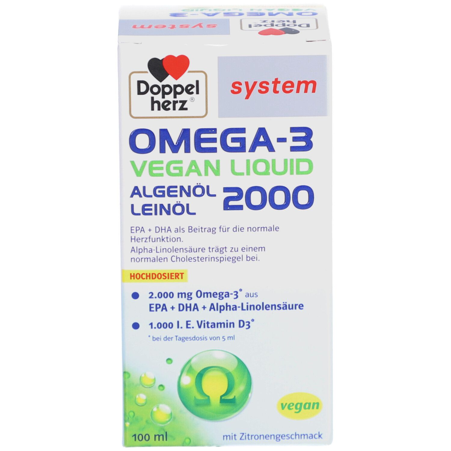 Produktverpackung. Aufschrift: Doppelherz Omega-3 Vegan Liquid 2000. 100 ml. Mit Zitronengeschmack.