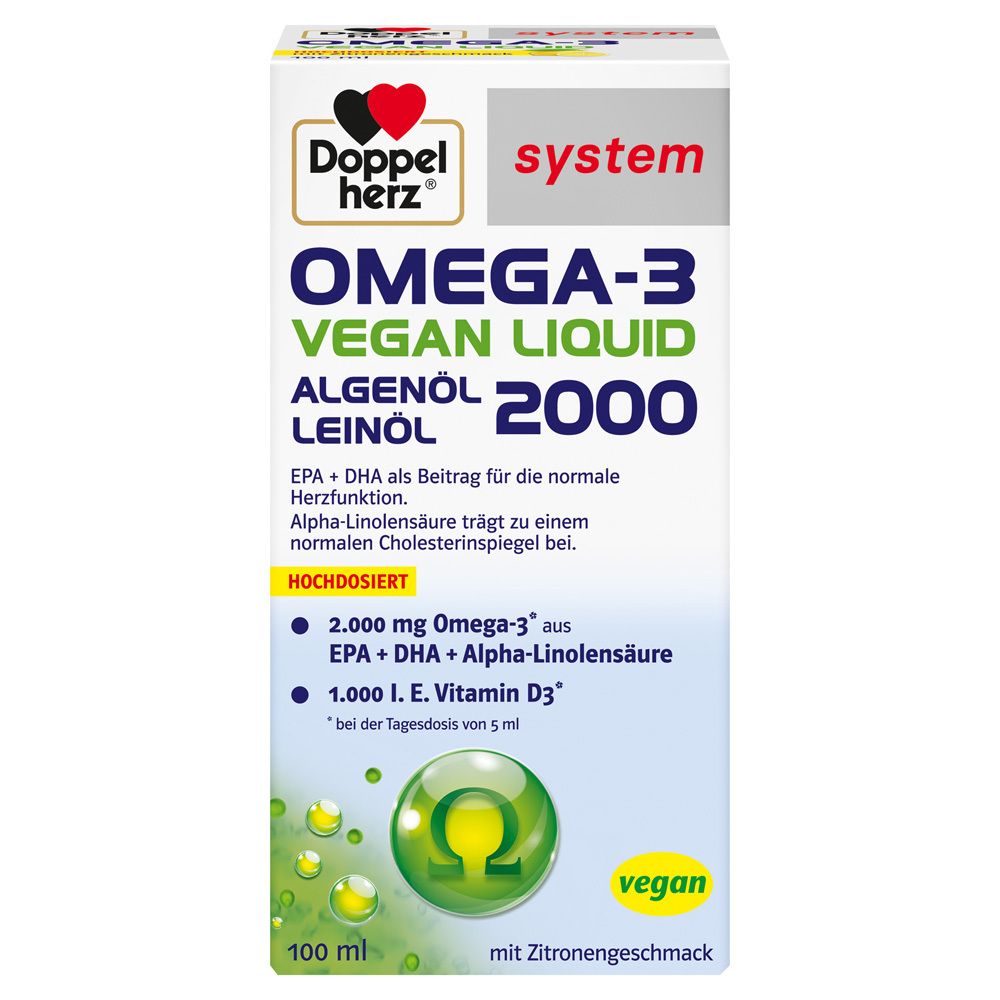 Weiße Verpackung. Doppelherz Omega-3 Vegan Liquid 2000. Vegan, 100 ml.