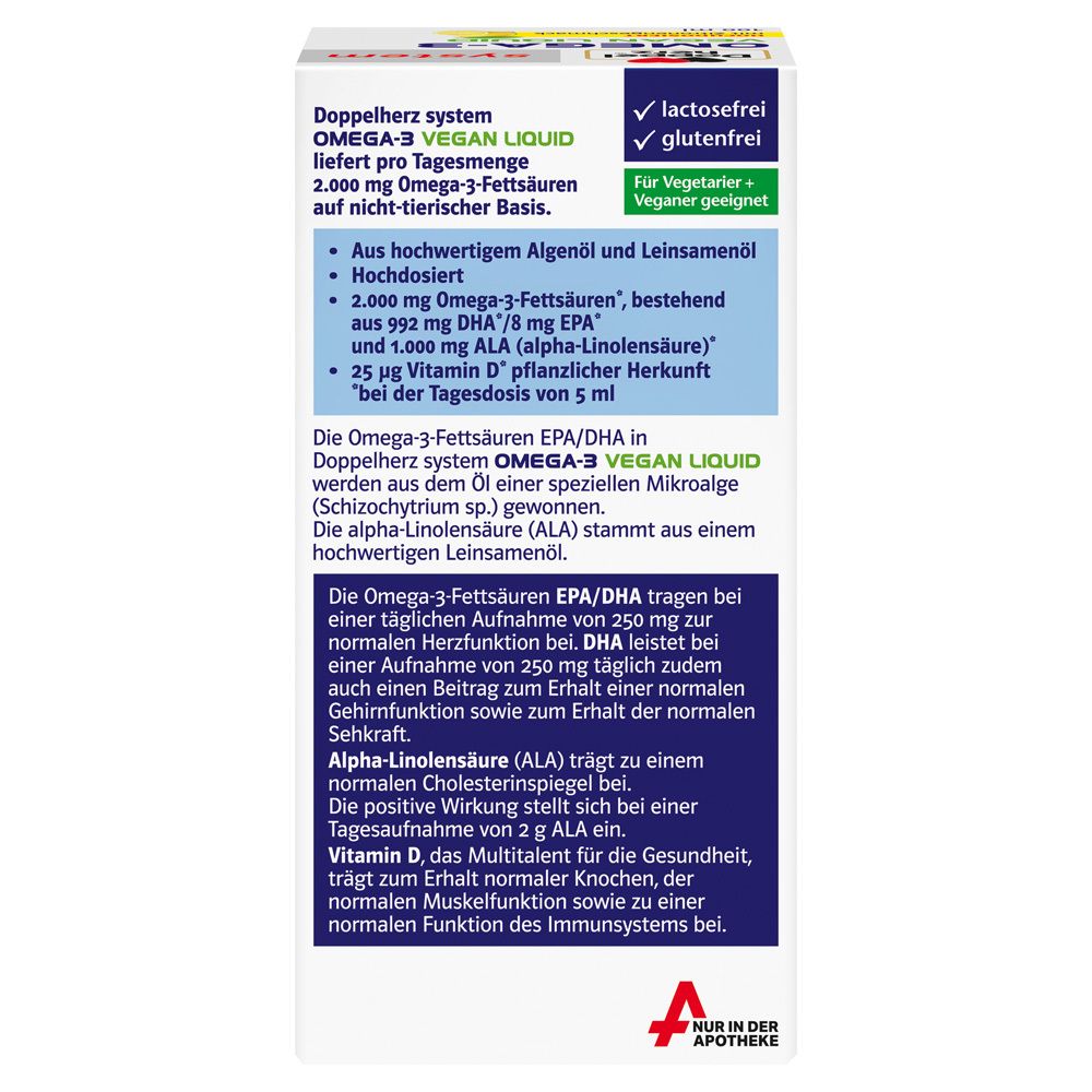 Weiße Verpackung. Textinformationen zu Doppelherz Omega-3 Vegan Liquid 2000.