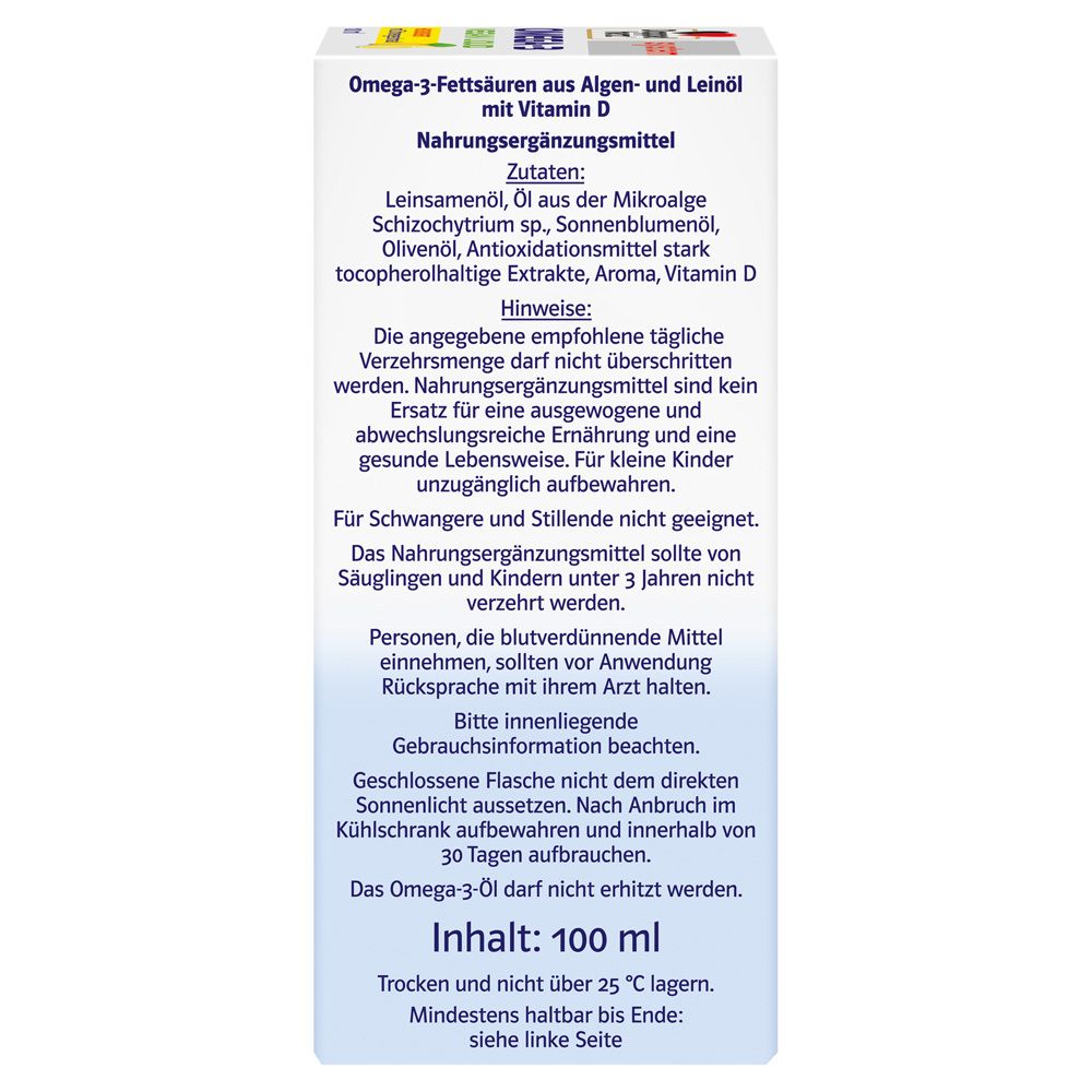 Weiße Verpackung. Zutaten und Hinweise zu Doppelherz Omega-3 Vegan Liquid 2000.