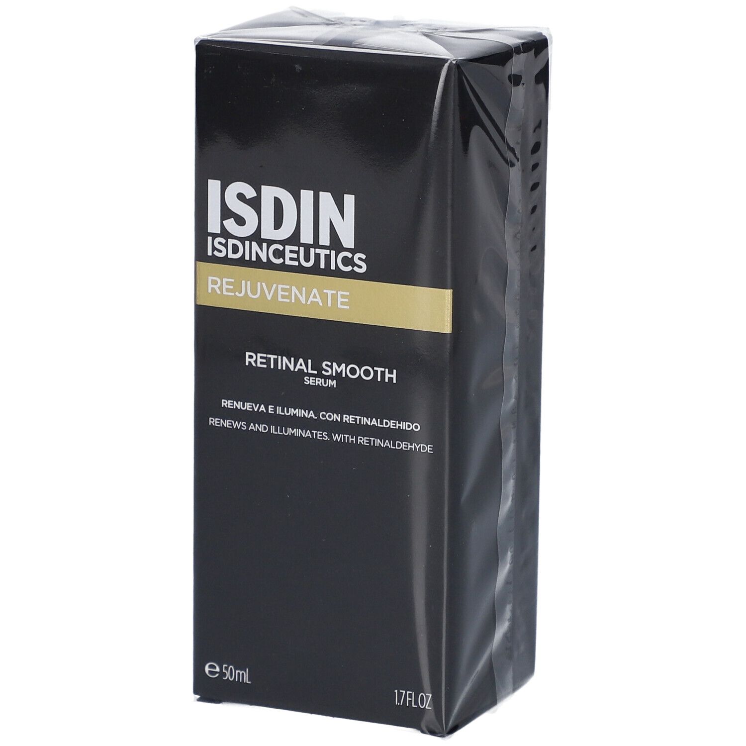Schwarze Verpackung von ISDIN ISDINCEUTICS Retinal Smooth Serum. Aufschrift: Rejuvenate, Retinal Smooth Serum, 50ml, 1.7FL.OZ.