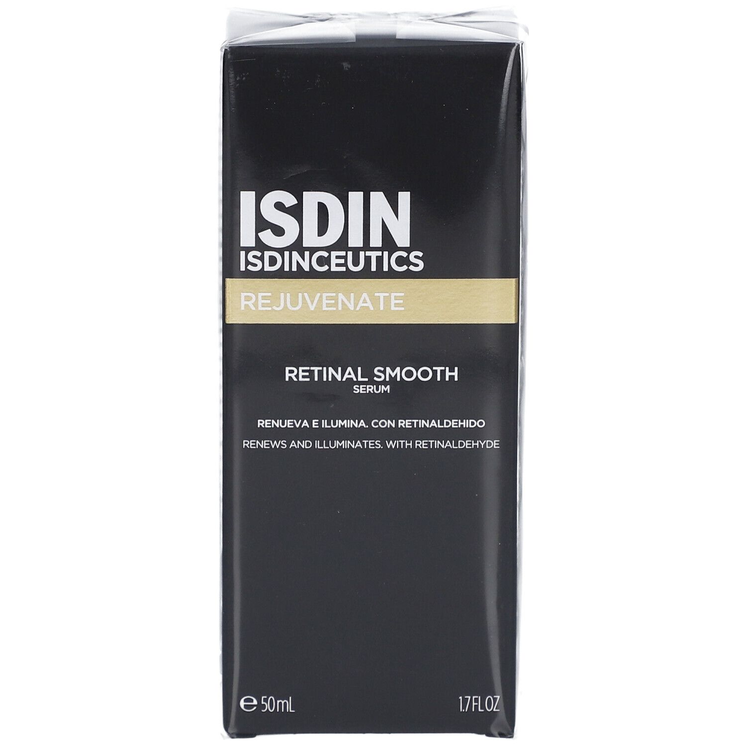 Schwarze Verpackung von ISDIN ISDINCEUTICS Retinal Smooth Serum. Aufschrift: Rejuvenate, Retinal Smooth Serum, 50ml, 1.7FL.OZ.