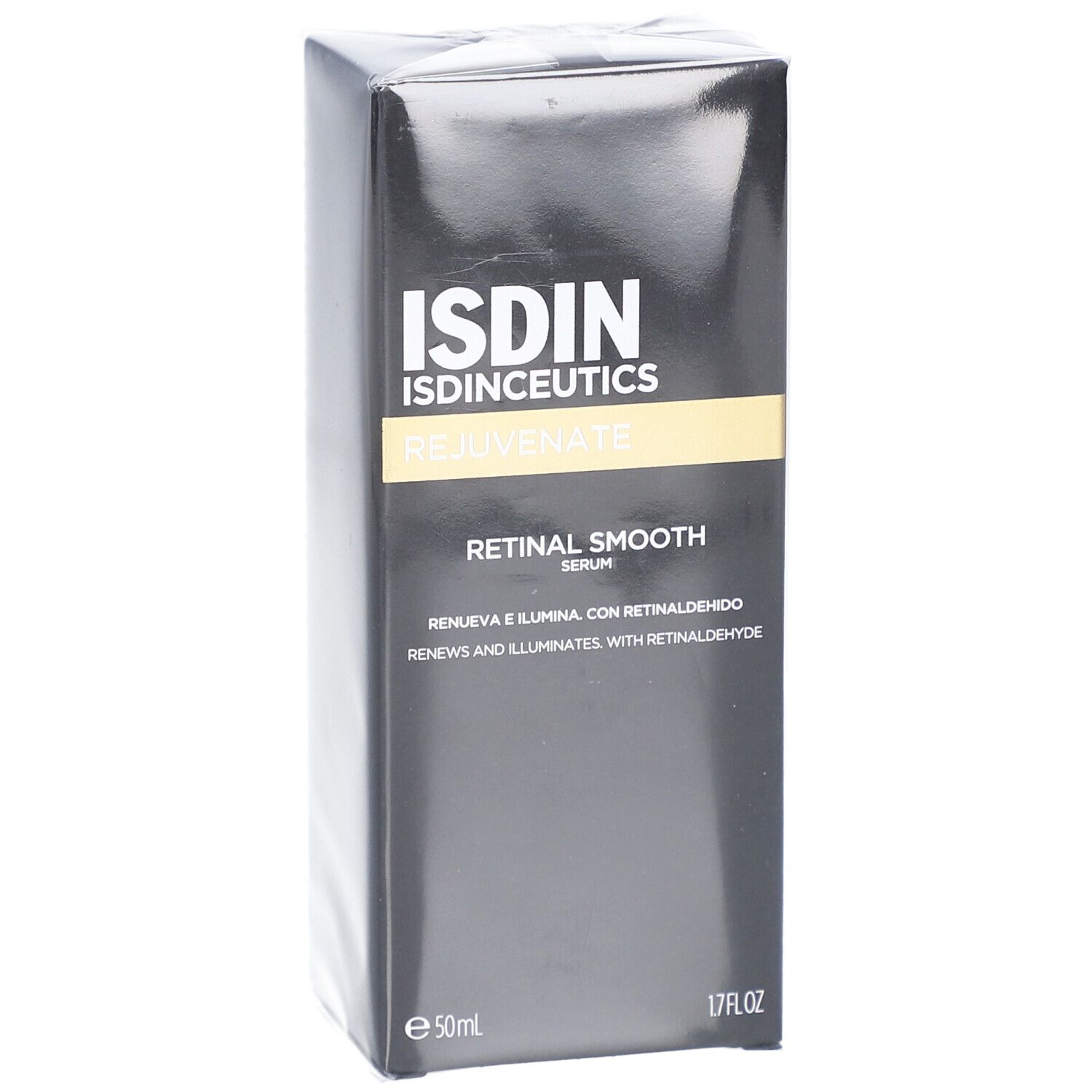 Schwarze Verpackung von ISDIN ISDINCEUTICS Retinal Smooth Serum. Aufschrift: Rejuvenate, Retinal Smooth Serum, 50ml, 1.7FL.OZ.