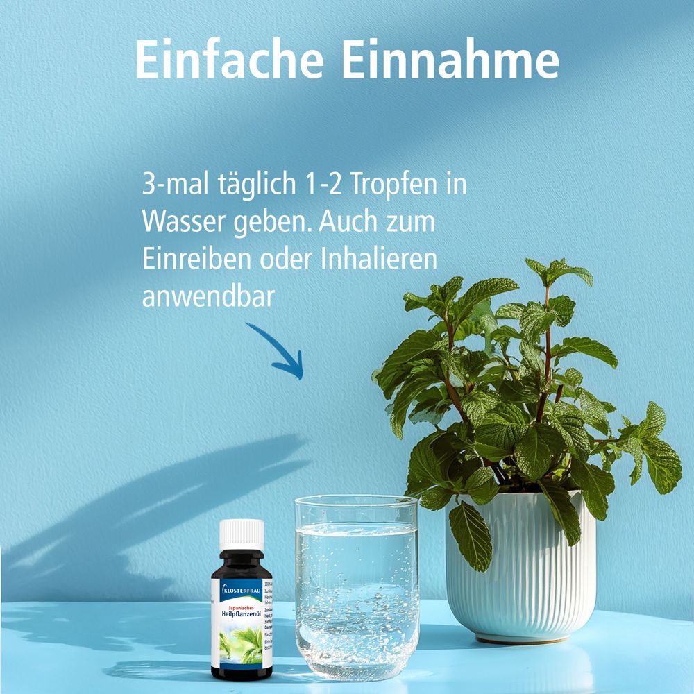 Braune Flasche mit Öl, Glas Wasser, Topf mit Pflanze. Text: Einfache Einnahme. Klosterfrau.