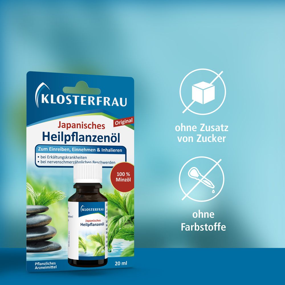 Klosterfrau Japanisches Heilpflanzenöl in Blisterverpackung. Braune Flasche mit Öl, 20 ml. Ohne Zucker, Farbstoffe.