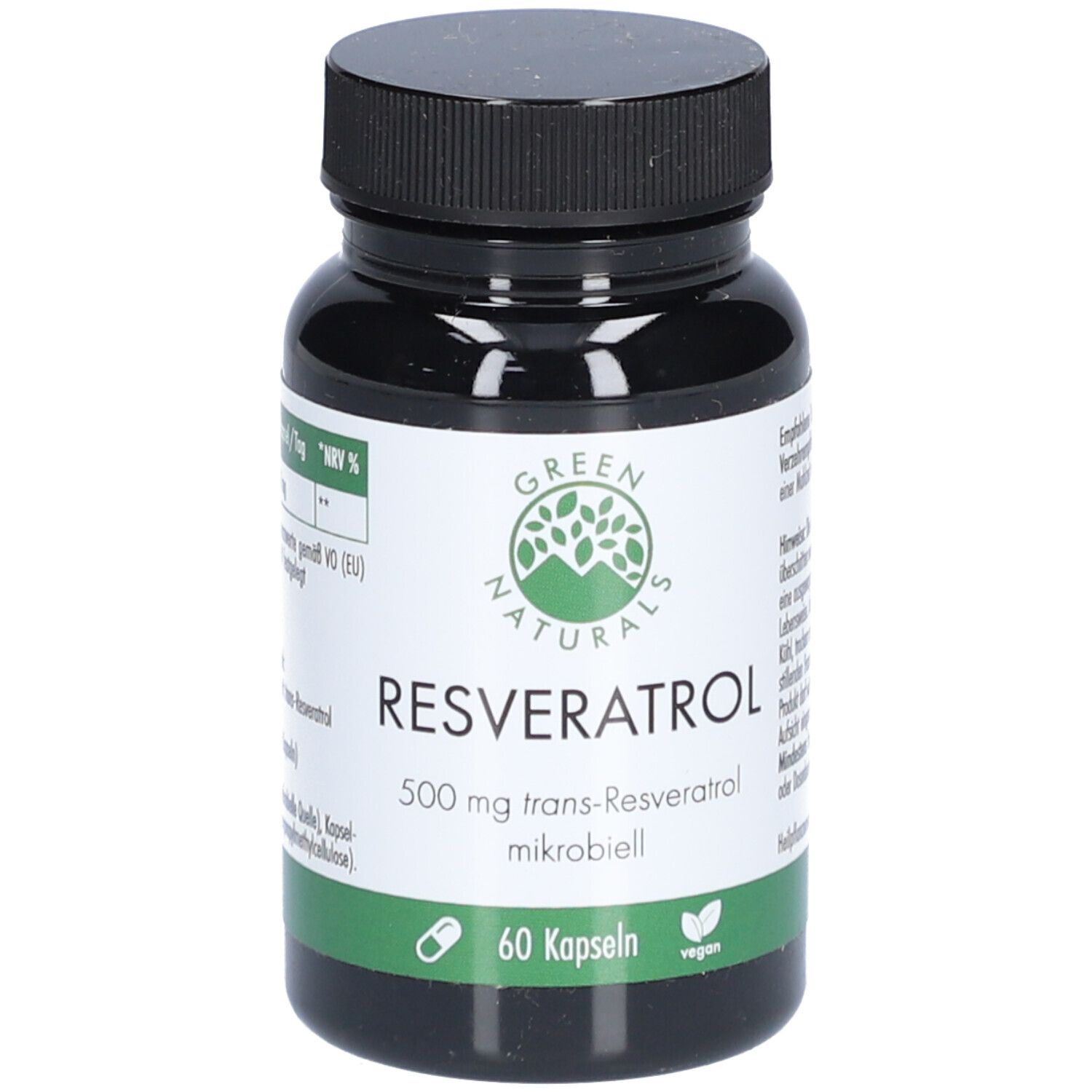 Schwarze Flasche mit Kapseln. Aufschrift: Resveratrol, 500 mg, 60 Kapseln. Marke: Green Naturals. Vegan.