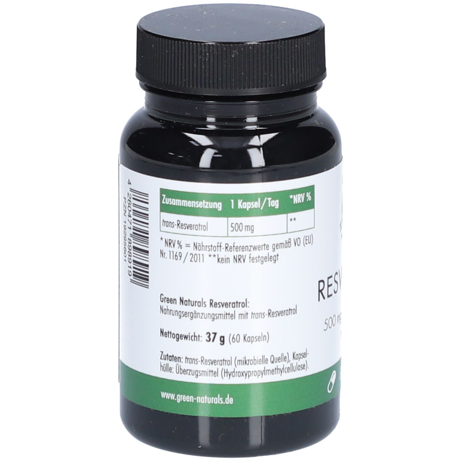 Rückseite der Flasche mit Inhaltsangaben. Enthält trans-Resveratrol, 500 mg. Marke: Green Naturals. Gewicht: 37 g.