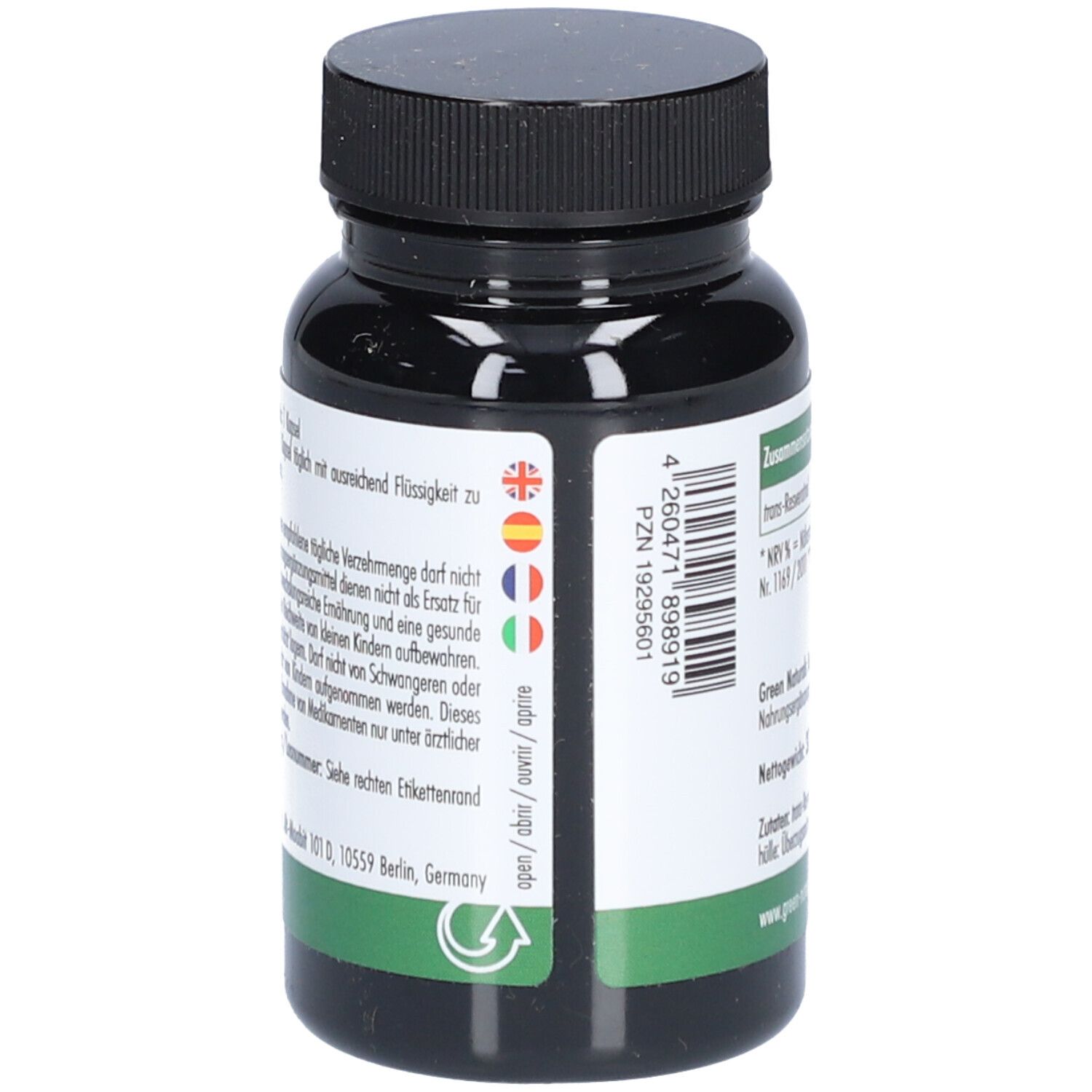 Rückseite der Flasche mit Text und Piktogrammen. Enthält Informationen zur Anwendung und Warnhinweise. Marke: Green Naturals.