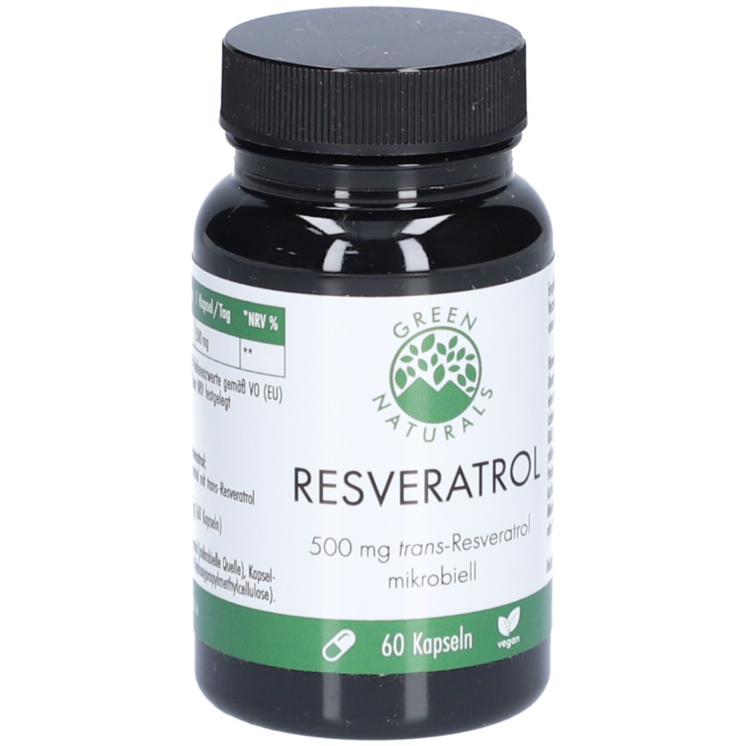 Schwarze Flasche mit Kapseln. Aufschrift: Resveratrol, 500 mg, 60 Kapseln. Marke: Green Naturals. Vegan.