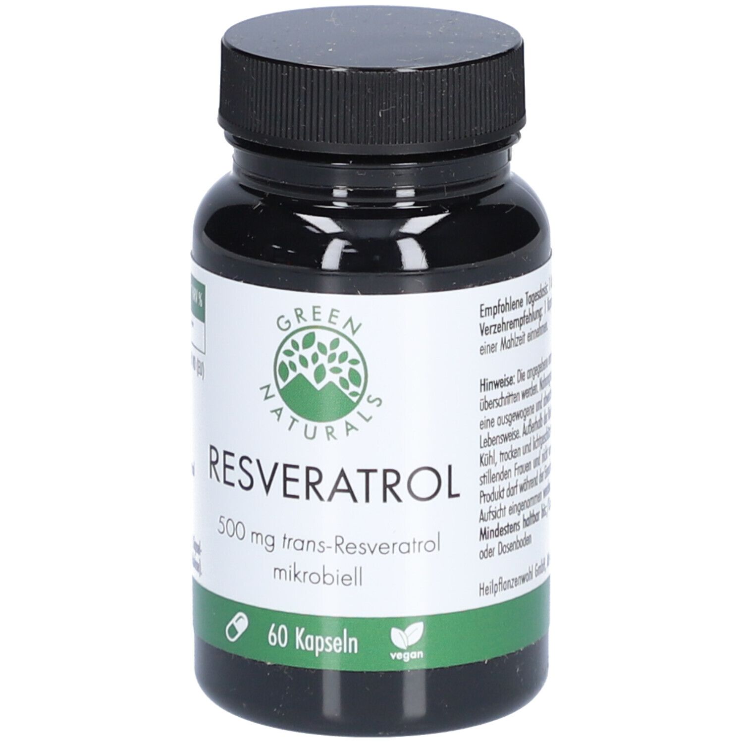 Schwarze Flasche mit Kapseln. Aufschrift: Resveratrol, 500 mg, 60 Kapseln. Marke: Green Naturals. Vegan.