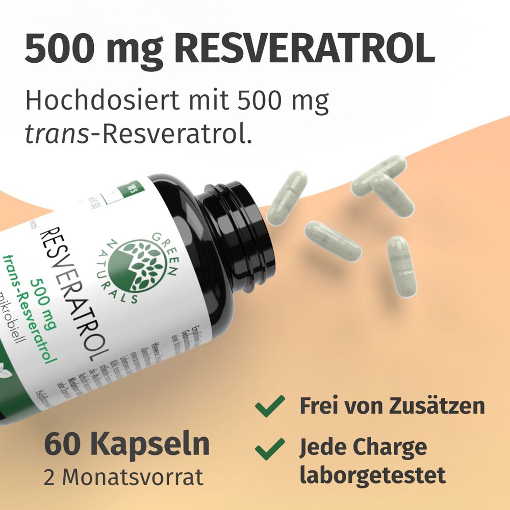 Green Naturals Trans-Resveratrol 500 mg, 60 Kapseln, frei von Zusätzen.