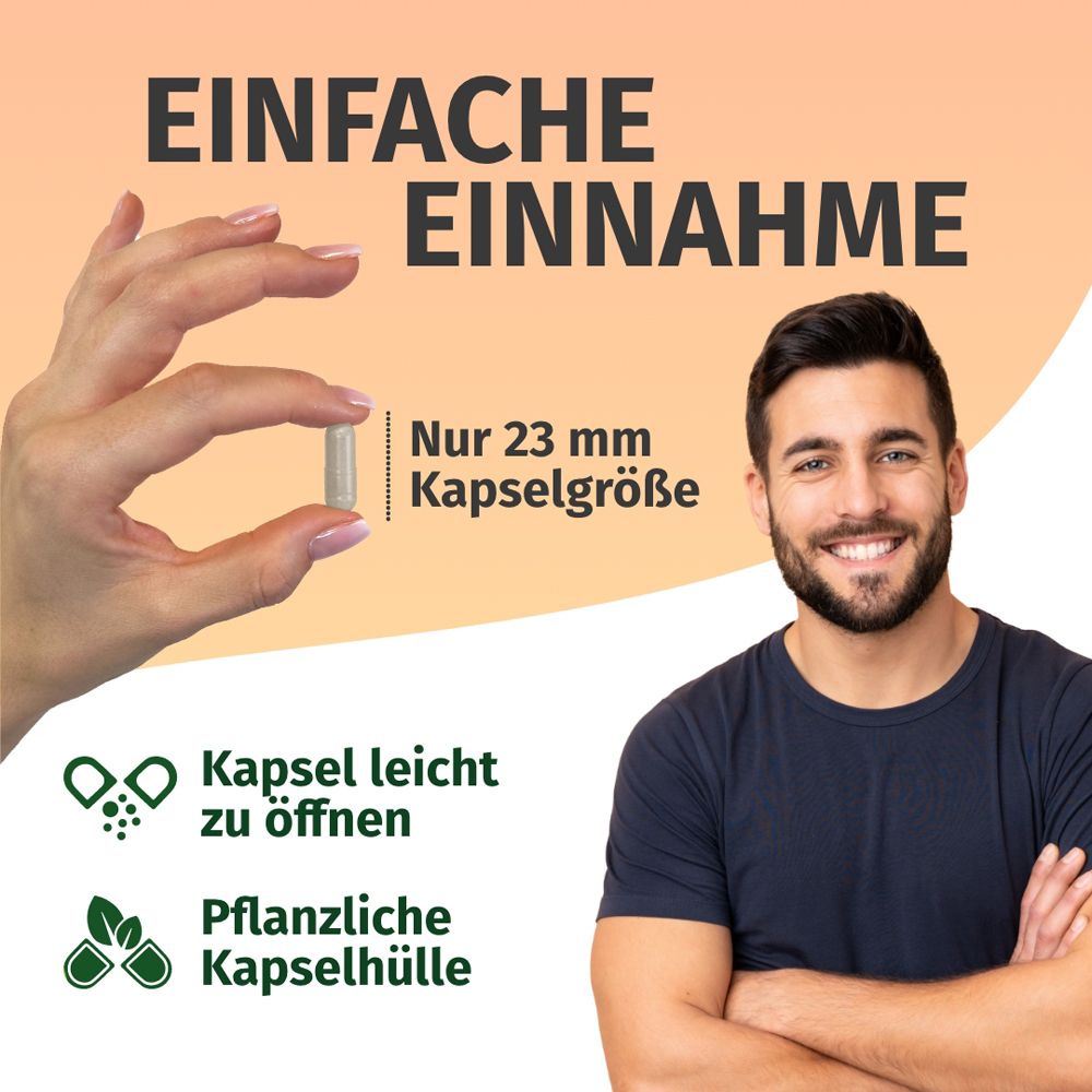 Einfache Einnahme: Kapselgröße nur 23 mm, pflanzliche Kapselhülle.
