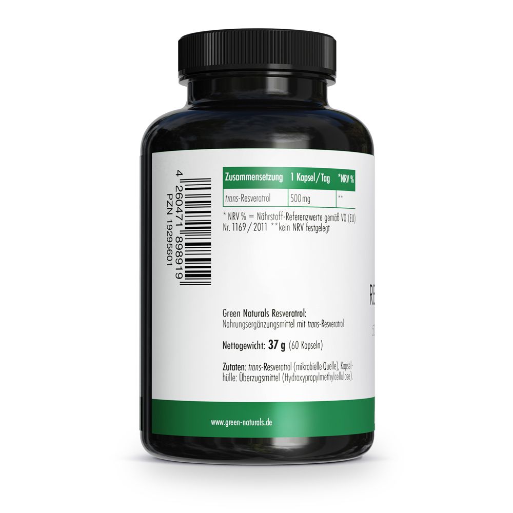 Green Naturals Resveratrol 500 mg, 60 Kapseln, Nettogewicht 37 g.