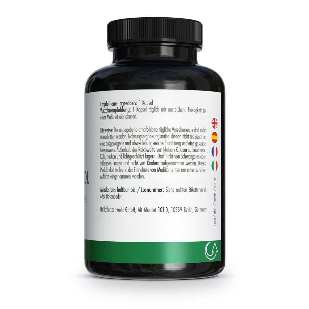 Green Naturals Resveratrol 500 mg, Rückseite mit Nährwertangaben.