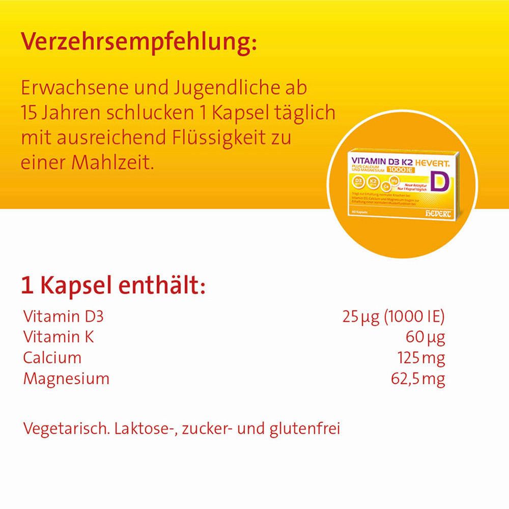 Vitamin D3 K2 Hevert+Calcium u.Magnes.1000 IE Kps. 60 St Kapseln