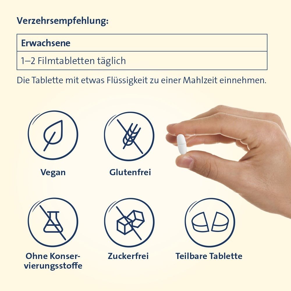 Einnahmeempfehlung und Siegel für Vitamin D3 Hevert Osteo Pro: Vegan, Glutenfrei, Ohne Konservierungsstoffe, Zuckerfrei.