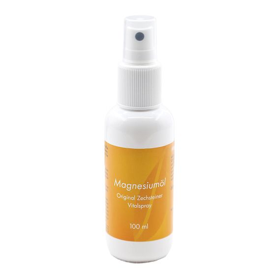 Weiße Sprühflasche mit gelbem Etikett. Beschriftung: Magnesiumöl, Original Zechsteiner Vitalspray, 100 ml.