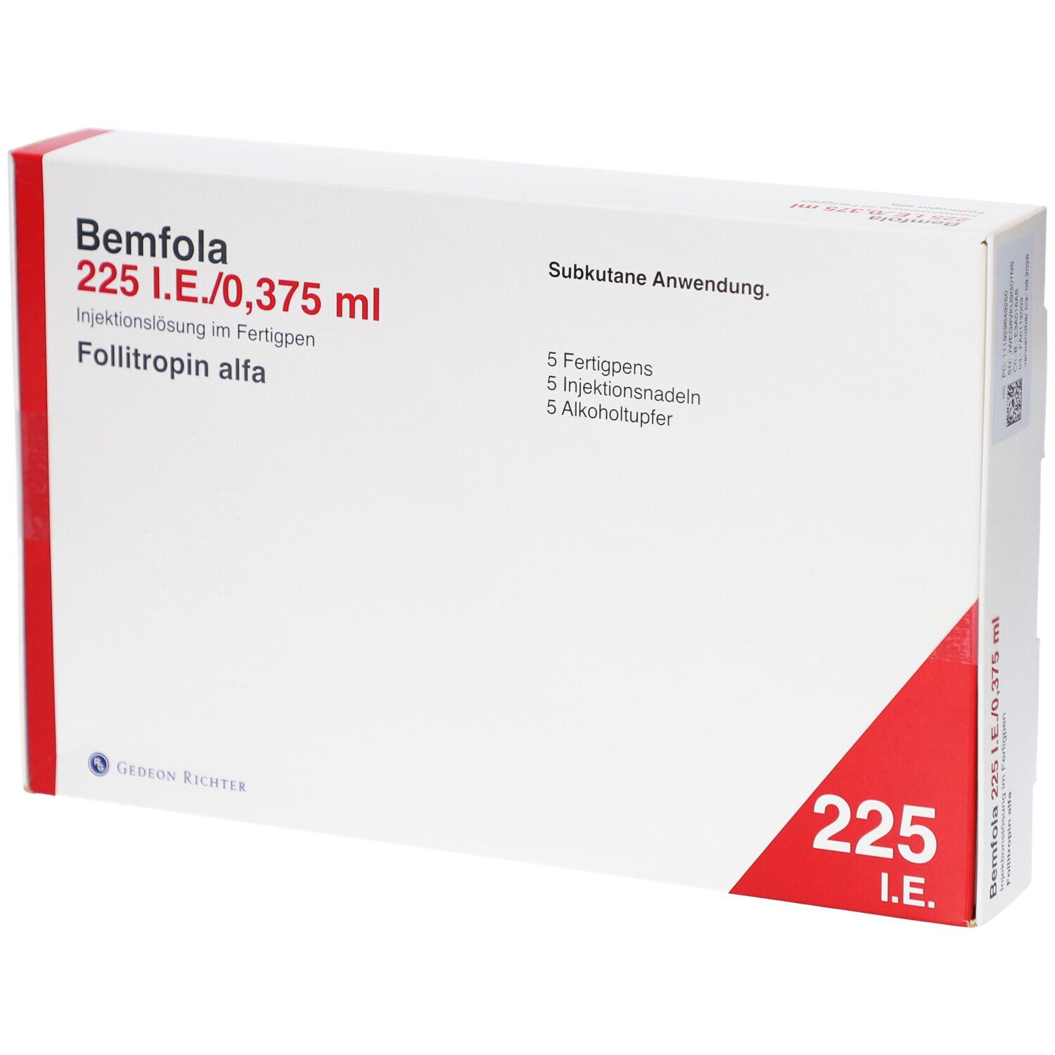Weiße Verpackung mit roter Ecke. Beschriftung: Bemfola 225 I.E./0,375 ml, Injektionslösung im Fertigpen. Enthält 5 Fertigpens, Nadeln und Alkoholtupfer.
