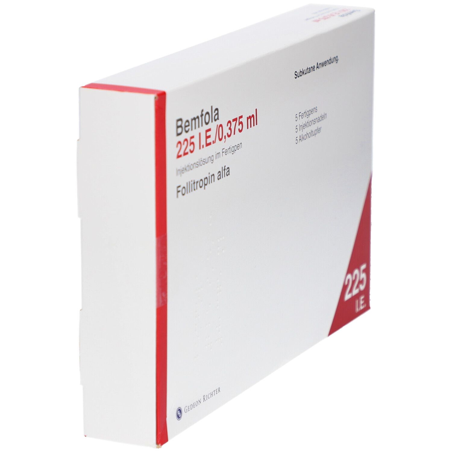 Weiße Verpackung mit roter Ecke. Beschriftung: Bemfola 225 I.E./0,375 ml, Injektionslösung im Fertigpen. Enthält 5 Fertigpens, Nadeln und Alkoholtupfer.