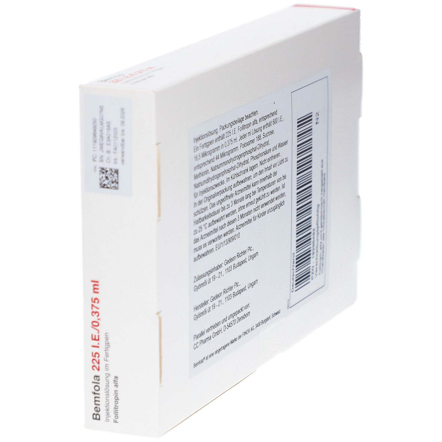 Seitenansicht der weißen Verpackung. Beschriftung: Bemfola 225 I.E./0,375 ml, Injektionslösung im Fertigpen. Enthält Informationen zum Inhalt.