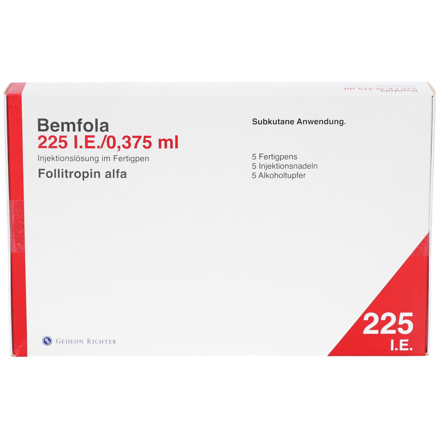 Weiße Verpackung mit roter Ecke. Beschriftung: Bemfola 225 I.E./0,375 ml, Injektionslösung im Fertigpen. Enthält 5 Fertigpens, Nadeln und Alkoholtupfer.