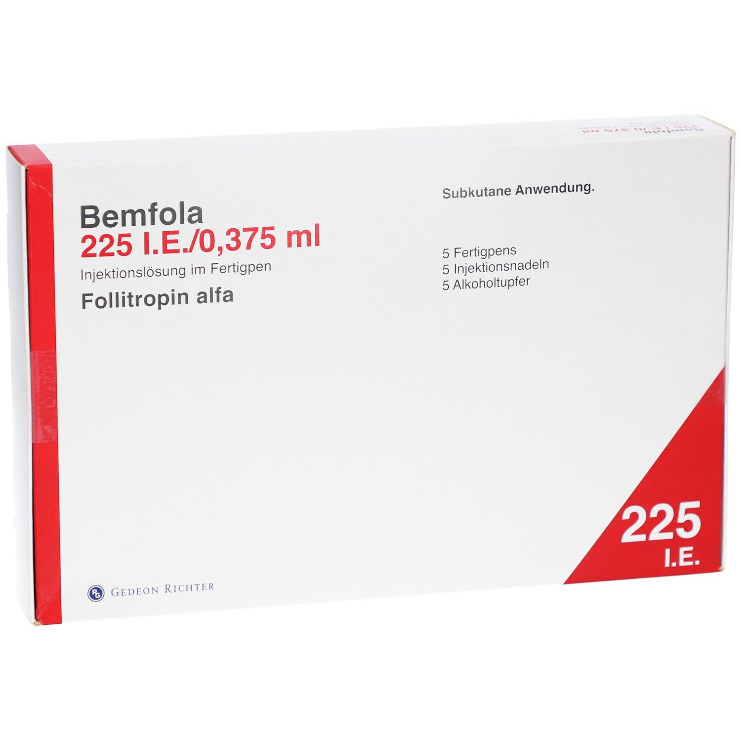 Weiße Verpackung mit roter Ecke. Beschriftung: Bemfola 225 I.E./0,375 ml, Injektionslösung im Fertigpen. Enthält 5 Fertigpens, Nadeln und Alkoholtupfer.