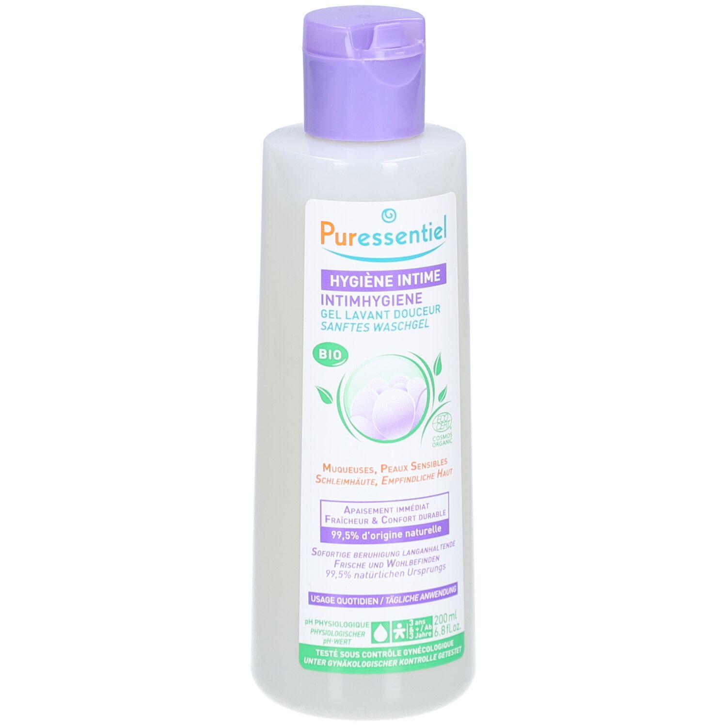 Flasche mit lila Verschluss. Aufschrift: Puressentiel, Hygiene Intime, Gel Lavant Douceur, Sanftes Waschgel. Bio-Zertifizierung.