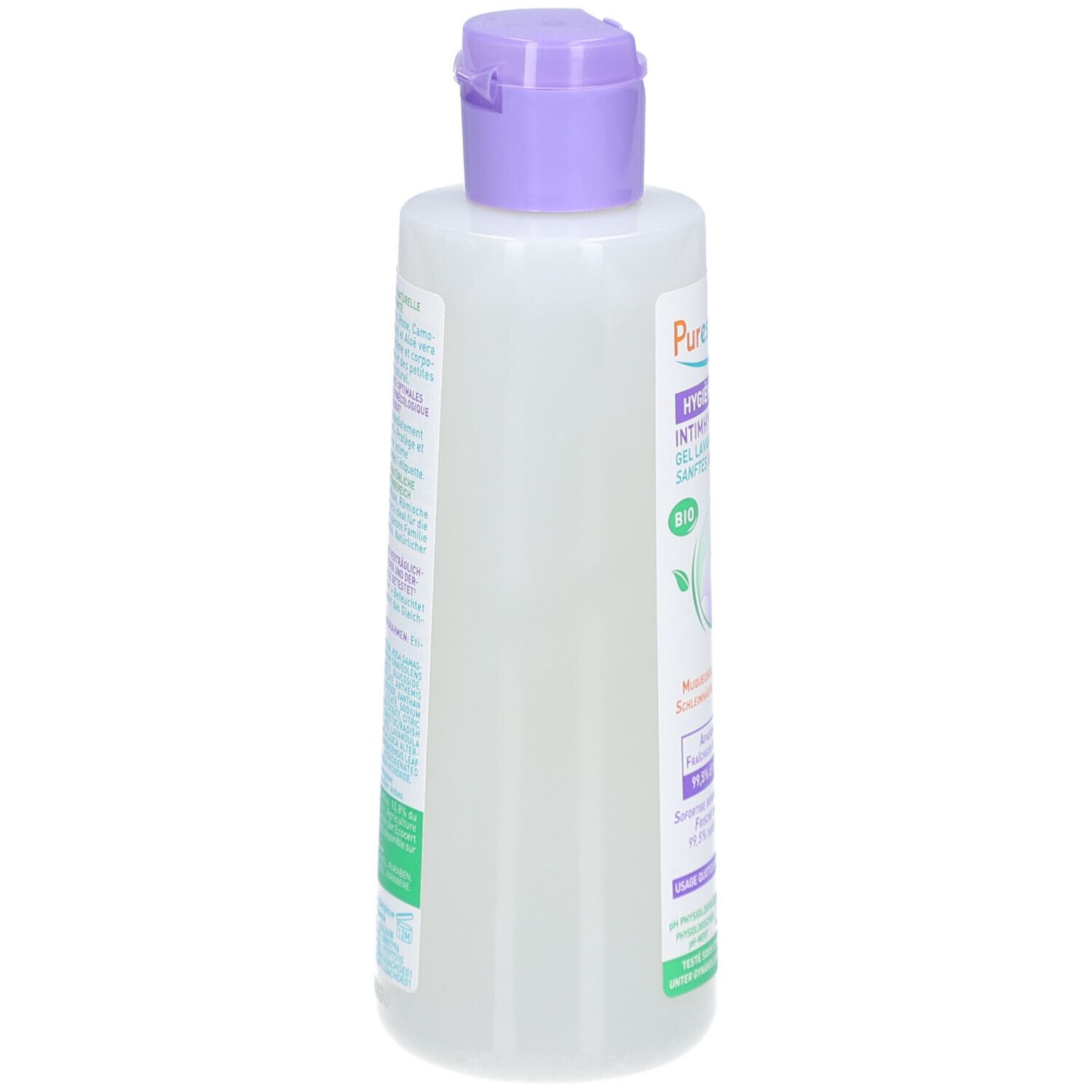 Flasche mit lila Verschluss. Aufschrift: Puressentiel, Hygiene Intime, Gel Lavant Douceur, Sanftes Waschgel. Bio-Zertifizierung.