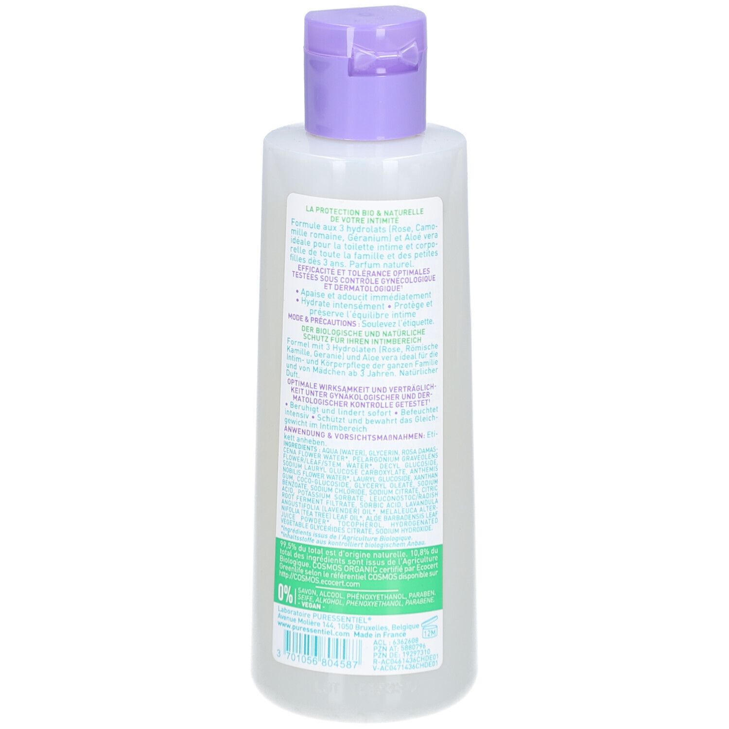 Rückseite der Flasche mit Text. Aufschrift: Puressentiel, Hygiene Intime, Gel Lavant Douceur, Sanftes Waschgel. Bio-Zertifizierung.