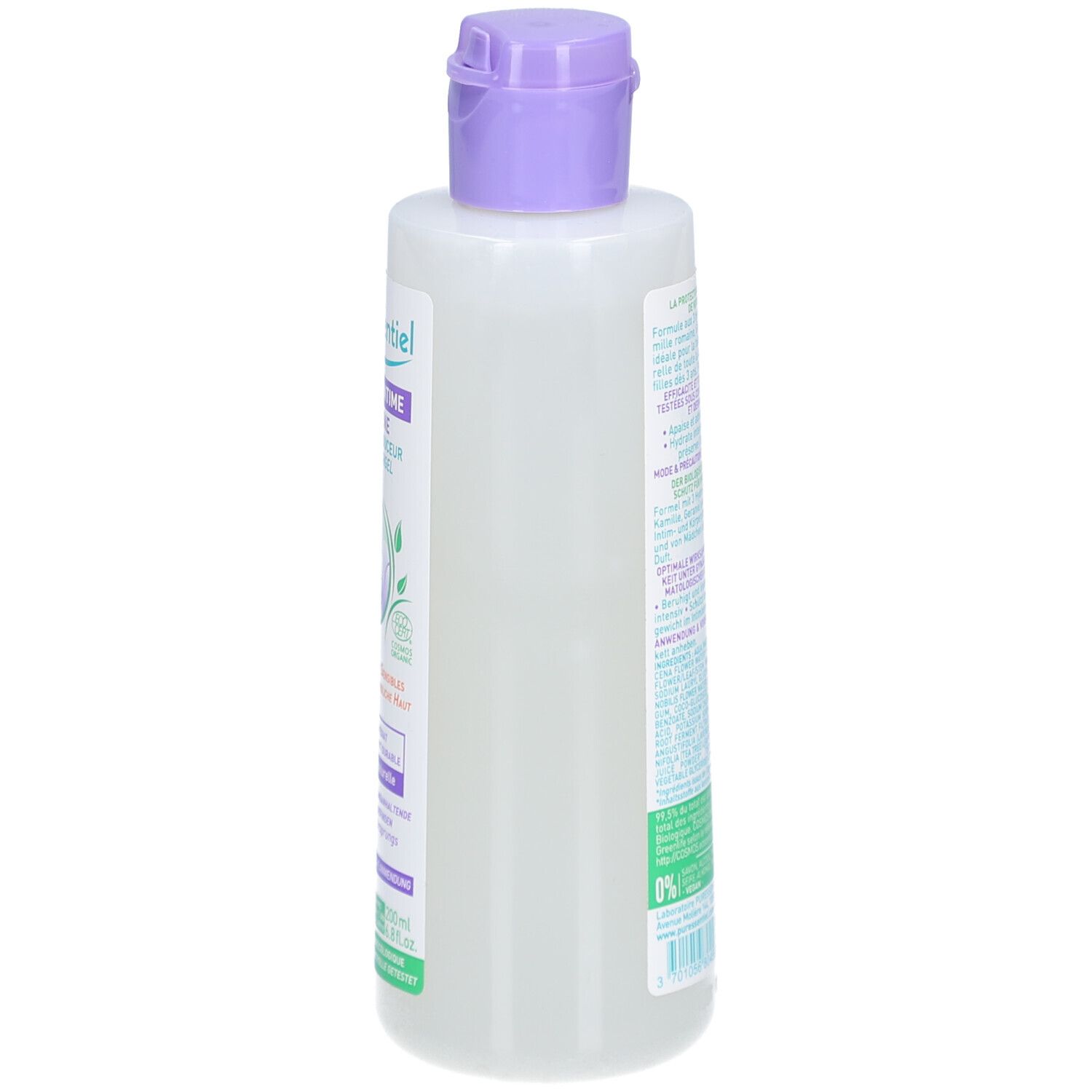 Flasche mit lila Verschluss. Aufschrift: Puressentiel, Hygiene Intime, Gel Lavant Douceur, Sanftes Waschgel. Bio-Zertifizierung.