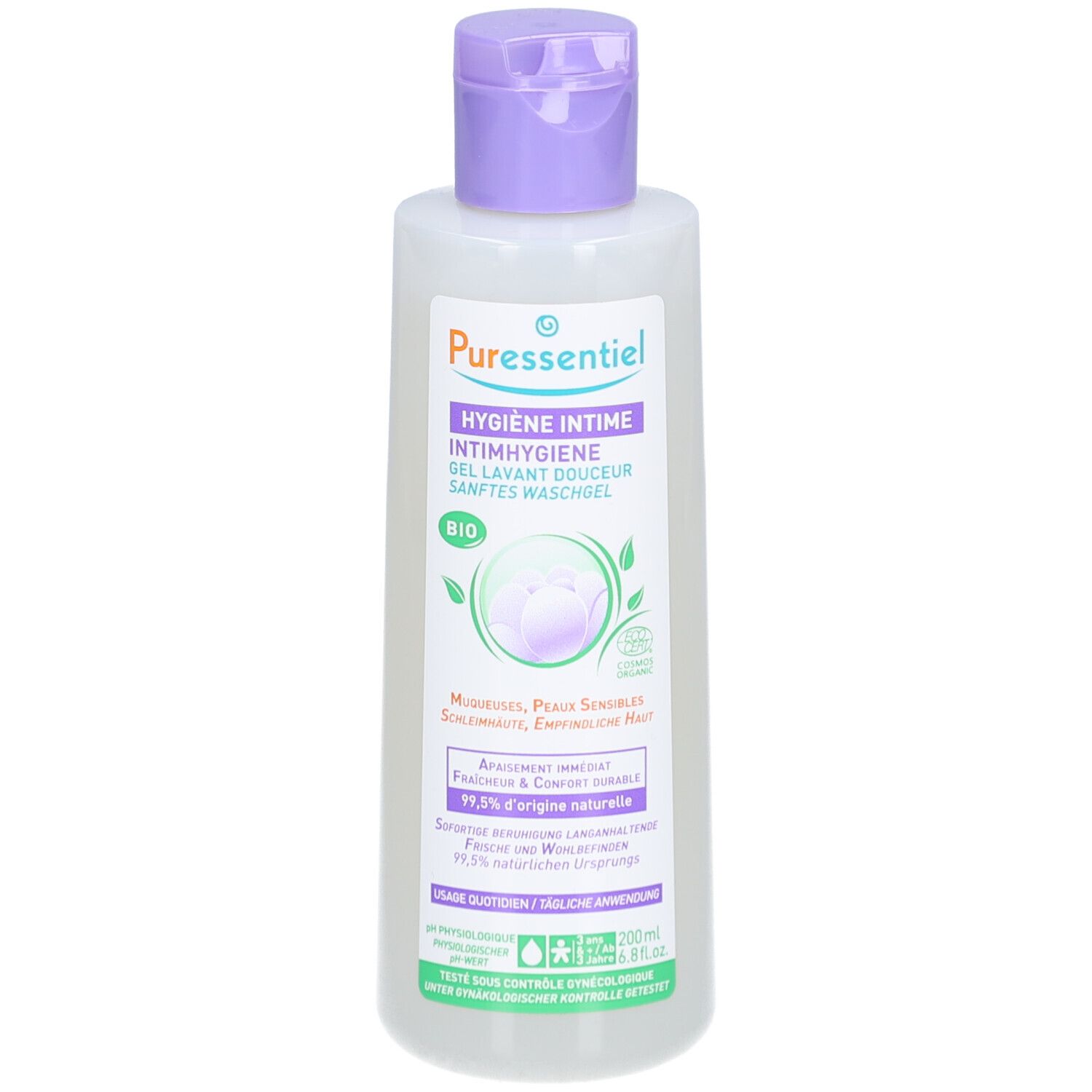 Flasche mit lila Verschluss. Aufschrift: Puressentiel, Hygiene Intime, Gel Lavant Douceur, Sanftes Waschgel. Bio-Zertifizierung.