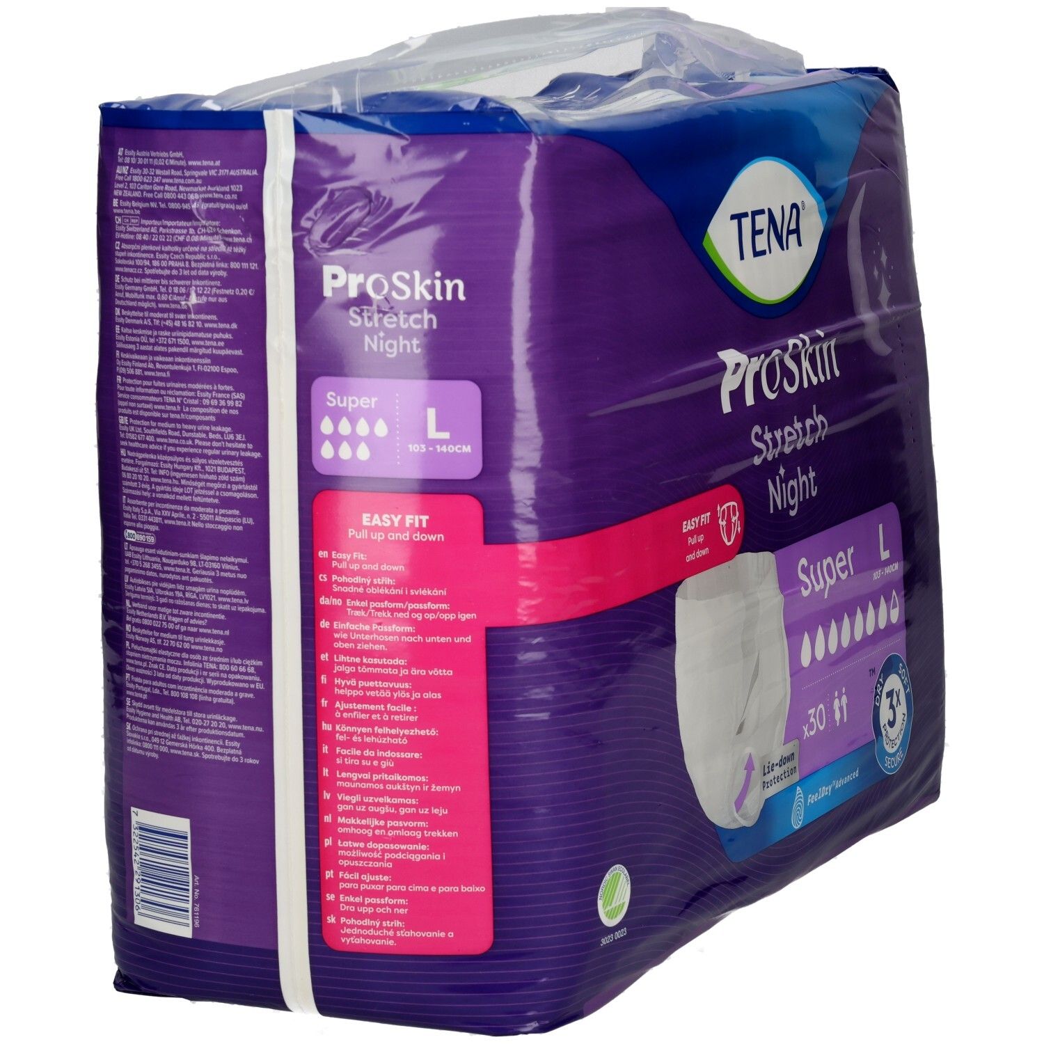 Rückseite der TENA ProSkin Stretch Night Super L Inkontinenz-Schutzhose (30 Stück) mit mehrsprachigen Informationen.