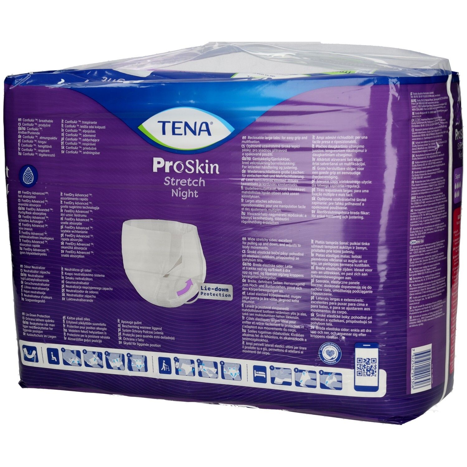 Rückseite der TENA ProSkin Stretch Night Super L Inkontinenz-Schutzhose (30 Stück) mit Symbolen für Anwendung und Entsorgung.