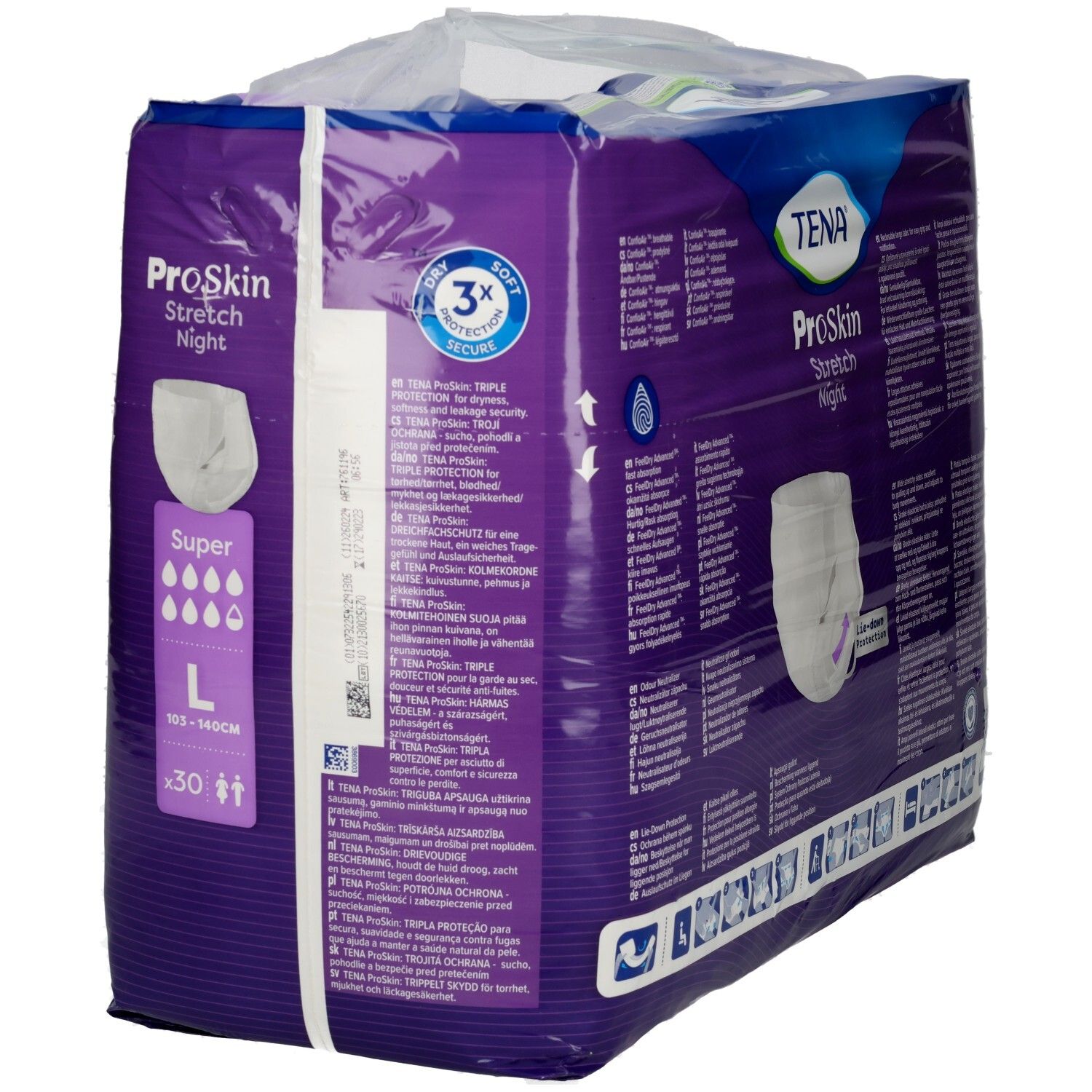 Seitenansicht der TENA ProSkin Stretch Night Super L Inkontinenz-Schutzhose (30 Stück) mit "3x Soft Protection Secure".