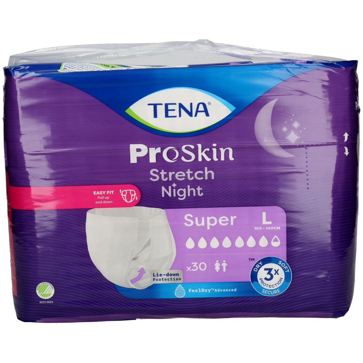 TENA ProSkin Stretch Night Super L Inkontinenz-Schutzhose, 30 Stück. Mit "Easy Fit" und "Lie-down Protection".
