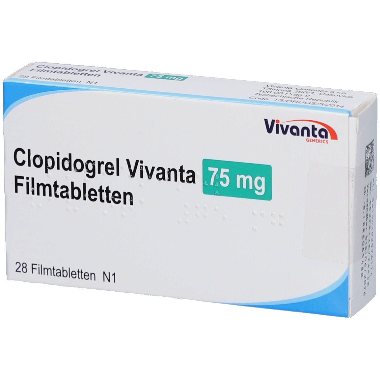 Schachtel mit CLOPIDOGREL Vivanta 75 mg Filmtabletten. Aufschrift: 28 Filmtabletten N1. Vivanta-Logo.