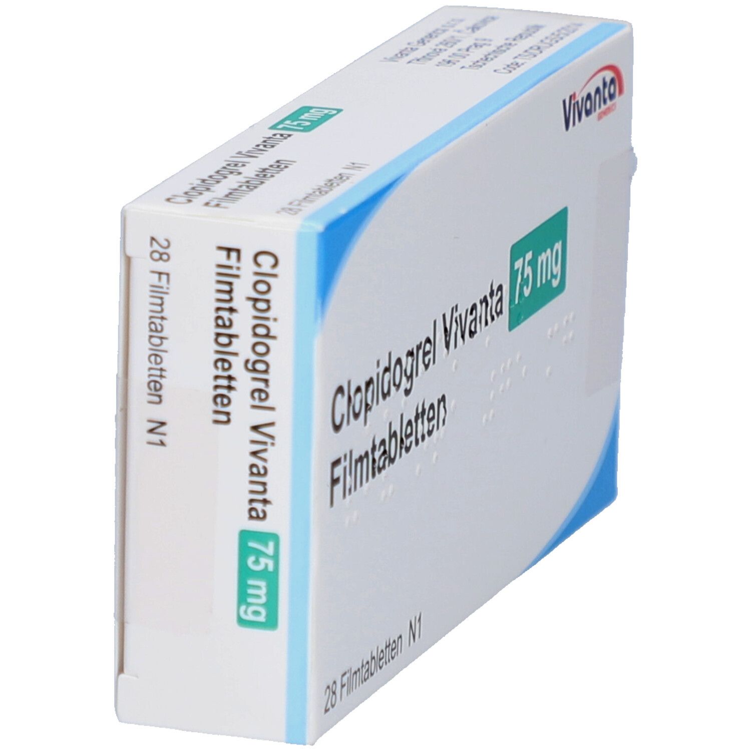Schachtel mit CLOPIDOGREL Vivanta 75 mg Filmtabletten. Seitenansicht. Aufschrift: 28 Filmtabletten N1. Vivanta-Logo.