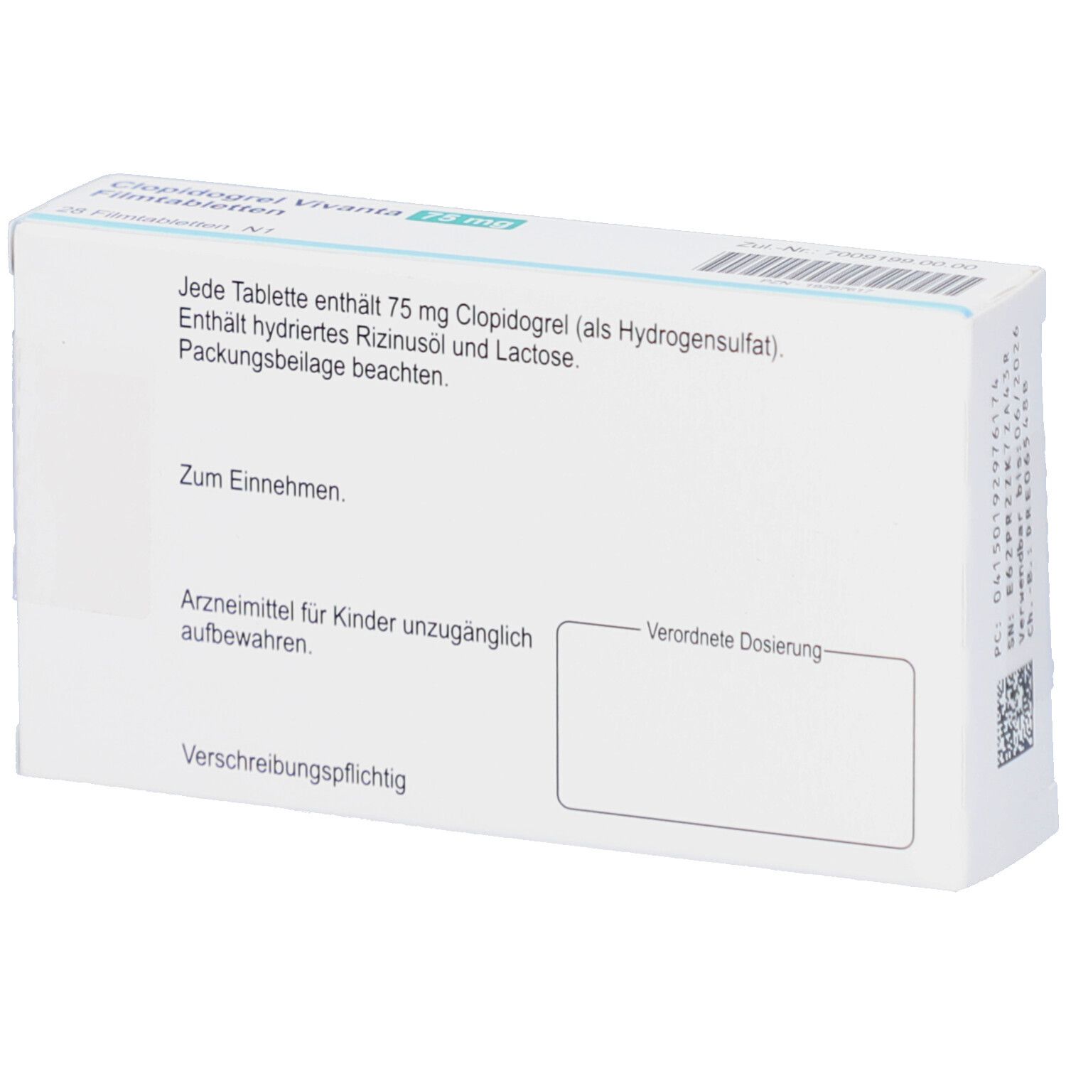 Rückseite der Schachtel mit Informationen zu CLOPIDOGREL Vivanta 75 mg Filmtabletten. Text in Deutsch.