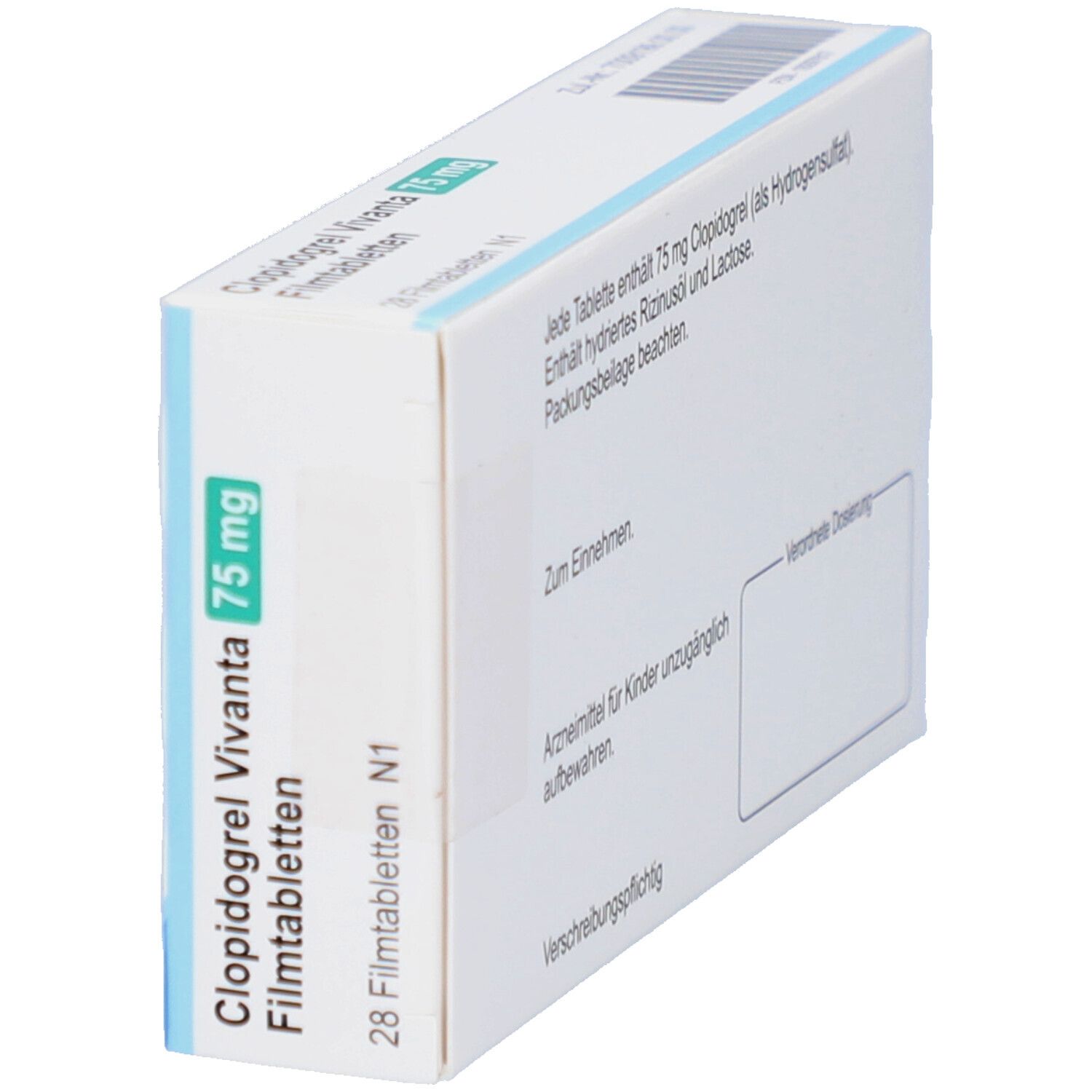 Schachtel mit CLOPIDOGREL Vivanta 75 mg Filmtabletten. Seitenansicht. Aufschrift: 28 Filmtabletten N1.