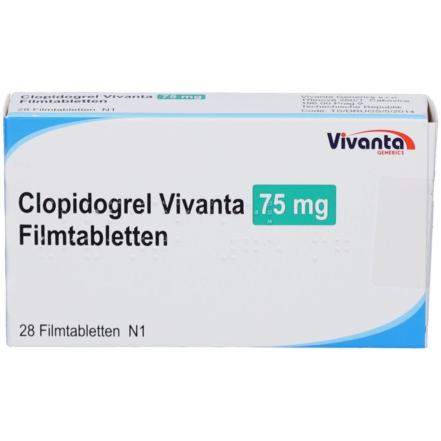 Schachtel mit CLOPIDOGREL Vivanta 75 mg Filmtabletten. Aufschrift: 28 Filmtabletten N1. Vivanta-Logo.
