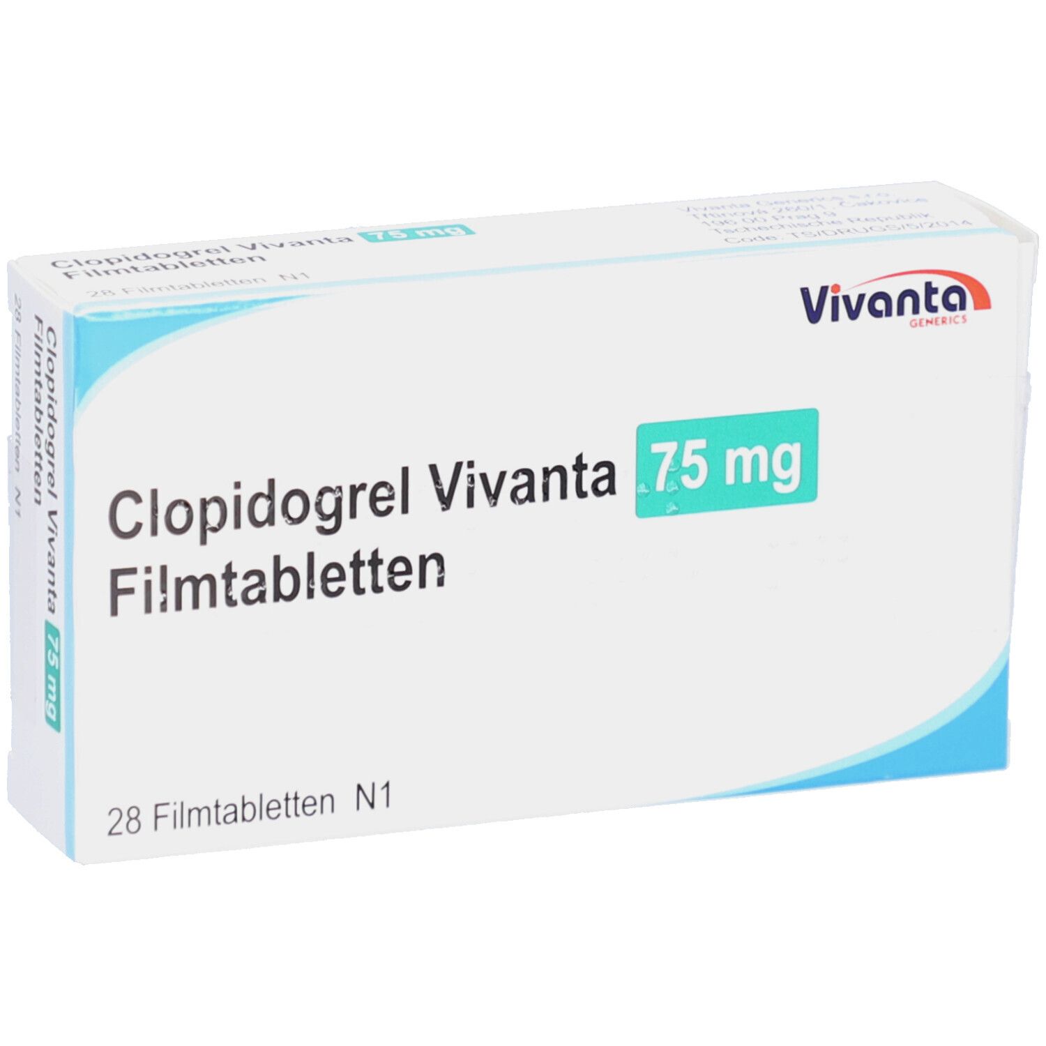 Schachtel mit CLOPIDOGREL Vivanta 75 mg Filmtabletten. Aufschrift: 28 Filmtabletten N1. Vivanta-Logo.