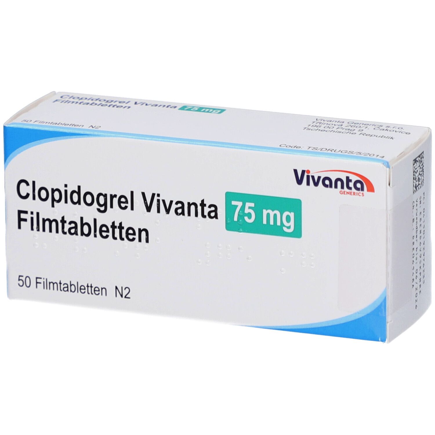Schachtel mit Clopidogrel Vivanta 75 mg Filmtabletten. Aufschrift: 50 Filmtabletten N2. Marke Vivanta.